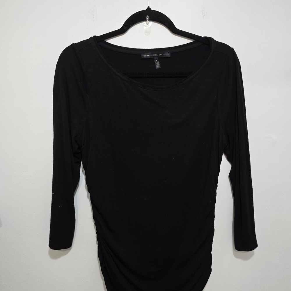White House Black Market Classic Black Blouse With Side Ruching, Medium